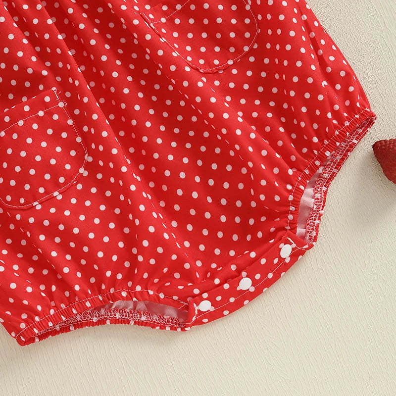 Baby Girls Strawberry Embroidery Polka Dot Romper - Smocked Ruffle Sleeve Jumpsuit (0-24M)