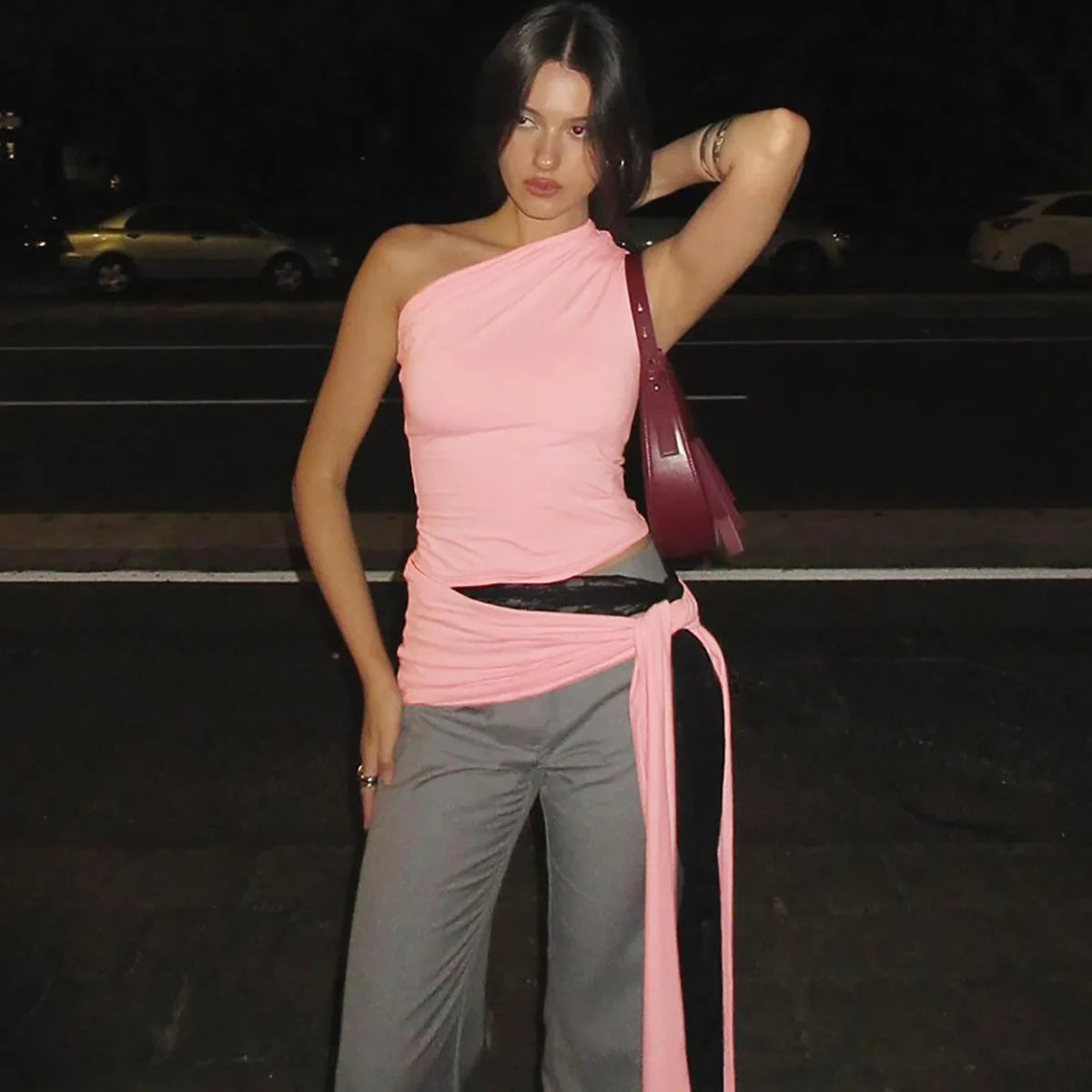 Women's One Shoulder Solid Lace Up Top Summer Outfit Backless Sleeveless Crop Tank Coquette