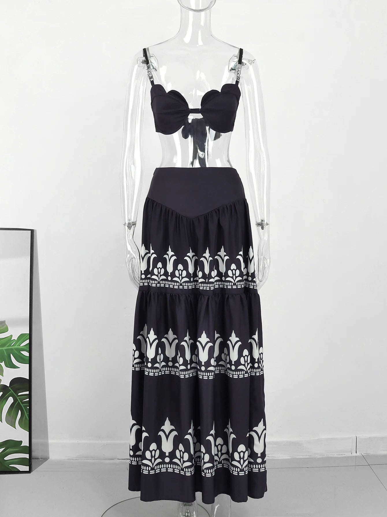 Women's Print Beach Two Piece Skirt White Bra High Waist A-line Long Skirt Beach Set