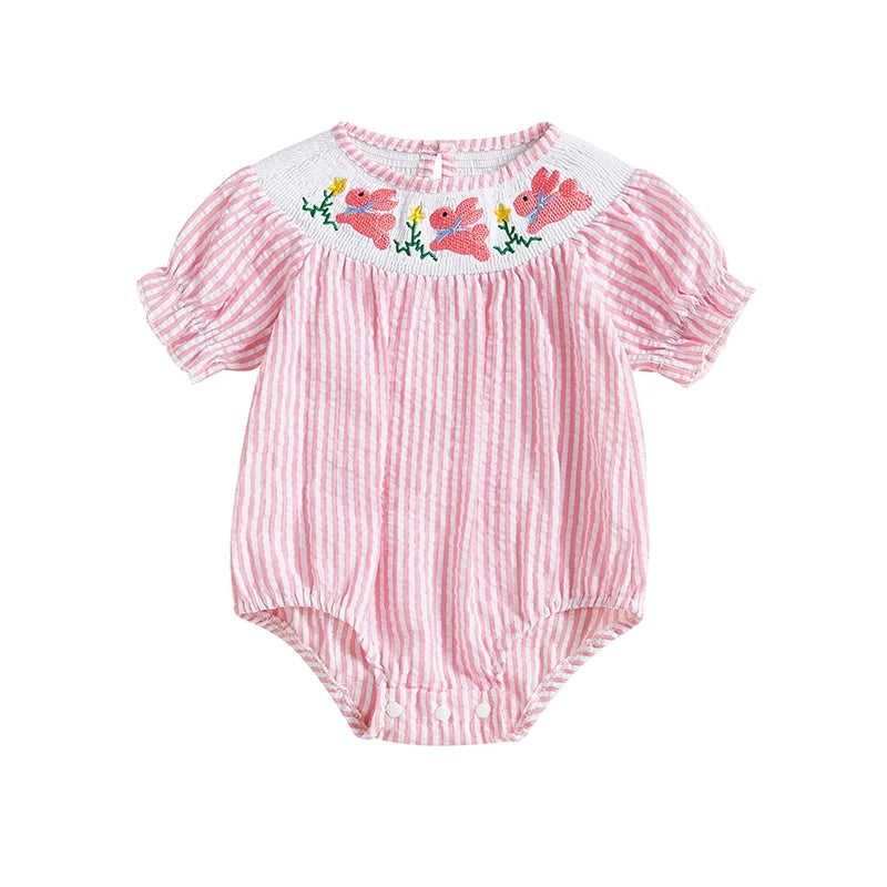 Baby Girls Easter Rabbit Embroidery Romper Dress - Striped Puff Sleeve Outfit