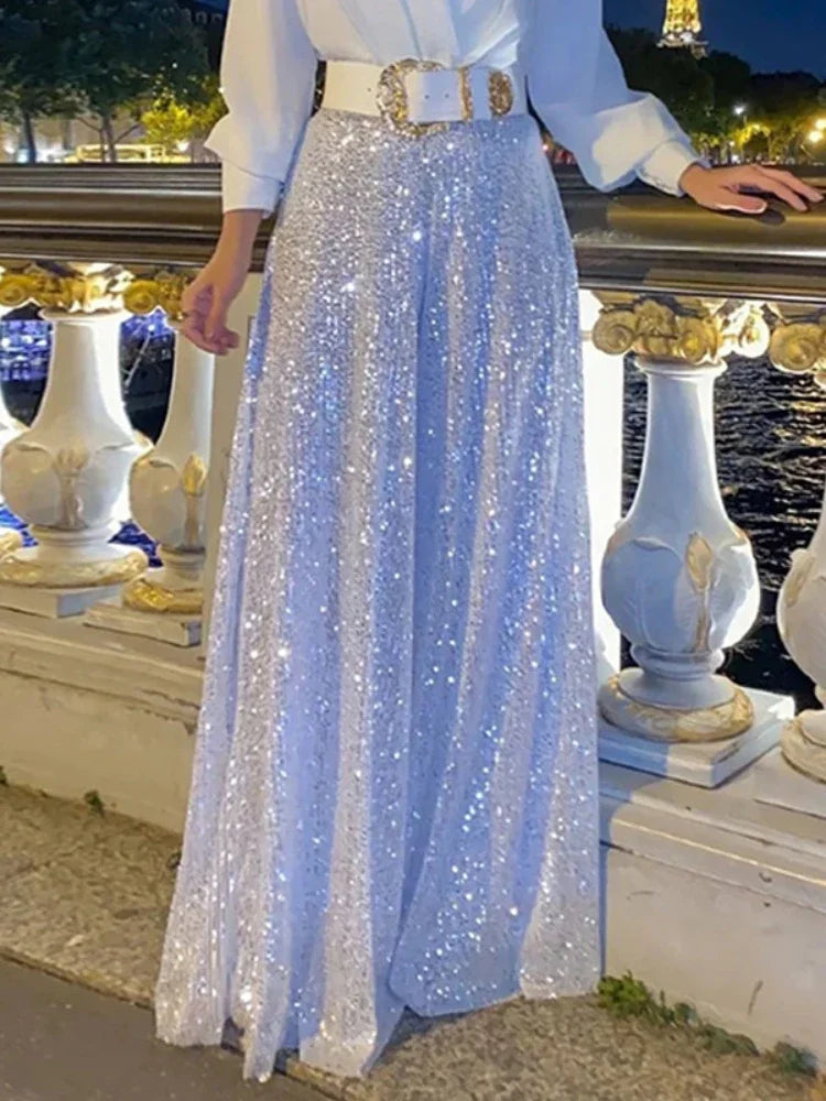 Women's Splice Sequins Maxi Folds Loose V Neck Dress