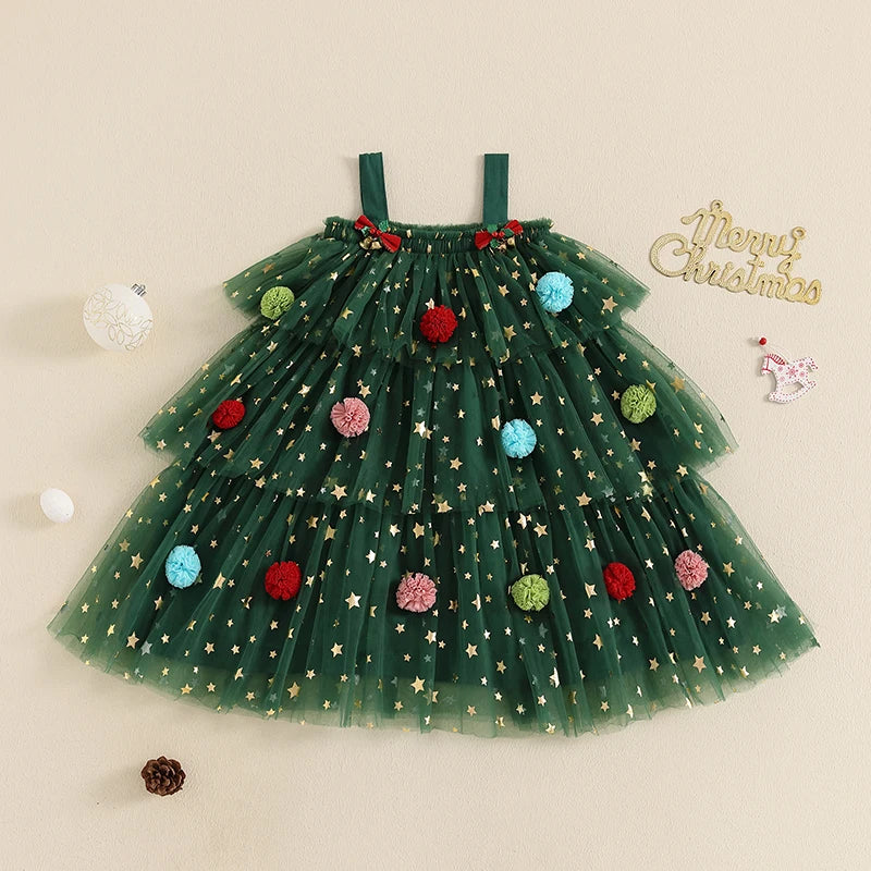 Girl's Festive Dress - Star Lace Layered Tulle Sundress with Plush Ball