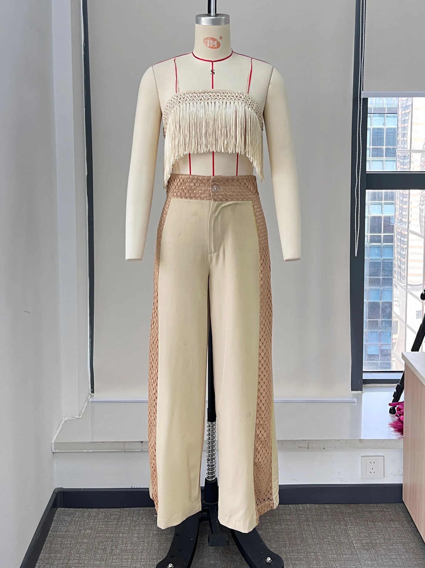 Women's Tassel Pants Set Elegant Bandage Wide Leg Pants Lace Patchwork High Waist Two Piece Set