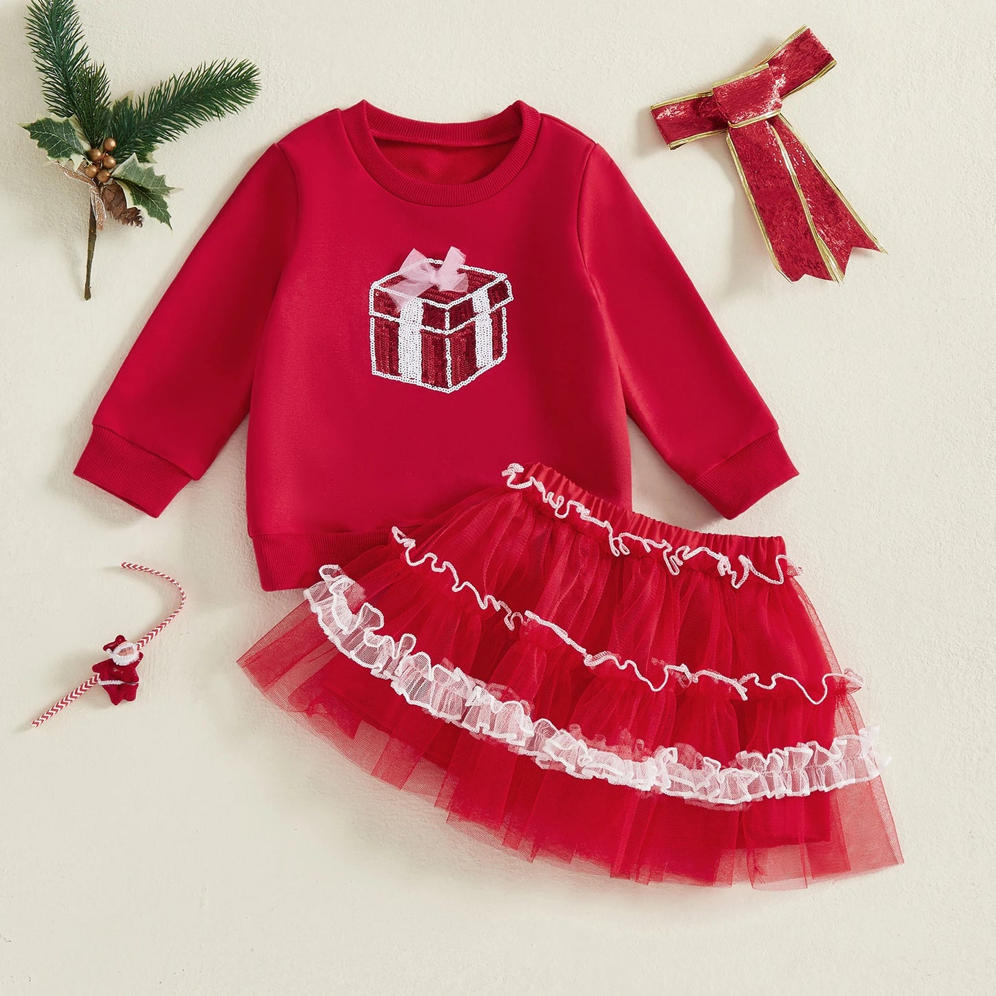 Kids Girls Christmas Outfit Set - Long Sleeve Xmas Embroidery Sweatshirt & Tulle Skirt (0-4Y)