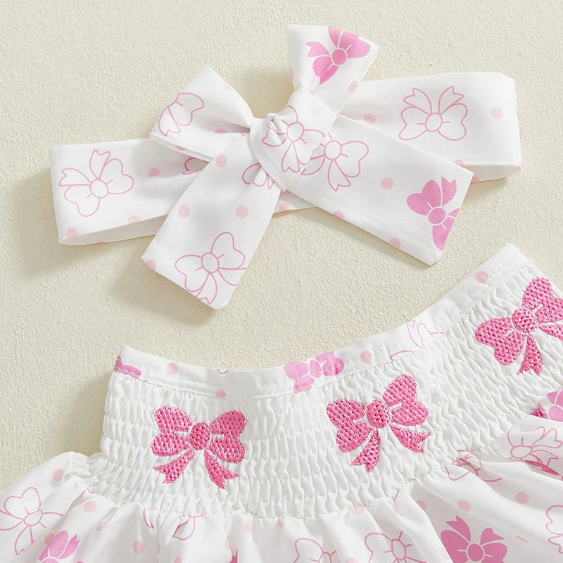 Baby Girls Summer Dress Set - Puff Sleeve Heart & Bow Embroidery with Headband