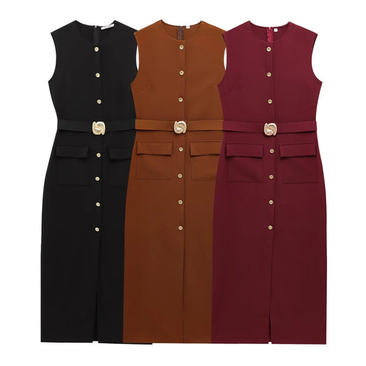 Women's Waist Belt Crepe Sleeveless Round Neck Midi Dress