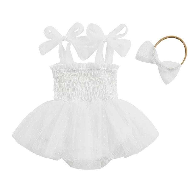 Baby Girls Princess Romper Dress Set - Sleeveless Dot Mesh Tulle with Hairband