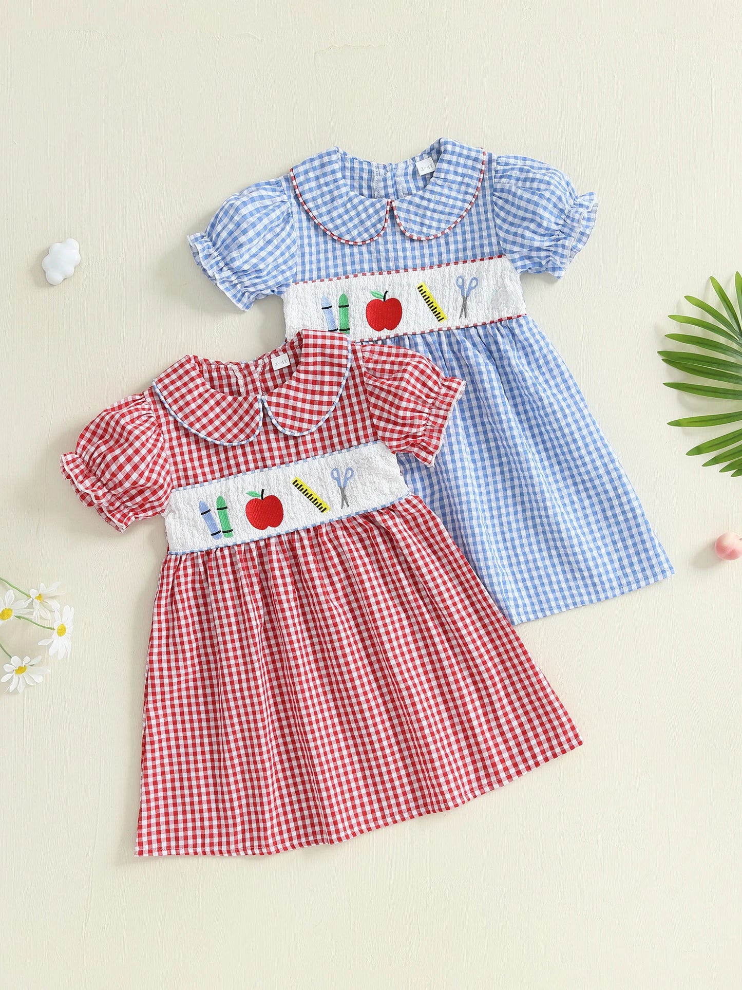 Girl's Back to School Dress - A-Line Embroidered Plaid Doll Collar Bubble Sleeve