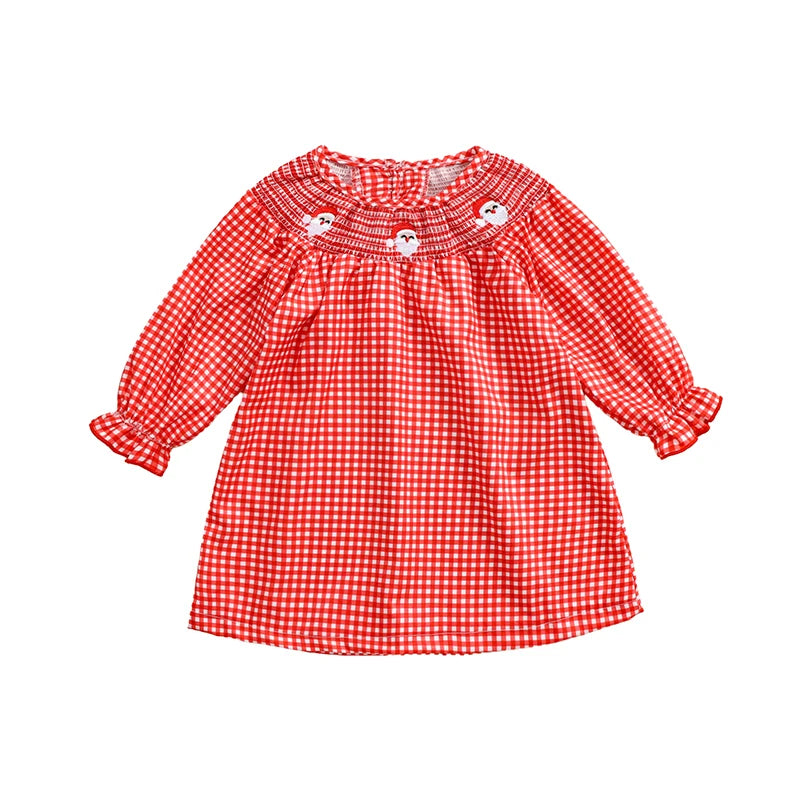 Christmas Santa Embroidery Plaid A-Line Dress - Girls Long Sleeve Festive Dress