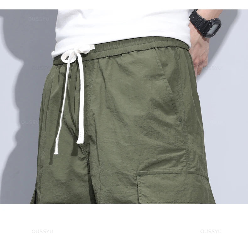 Summer Ultrathin Shorts Pants Men Cargo Work Side Pockets Joggers Grey Bermuda Knee Beach Nylon Short Pant Male Big Size M-5XL
