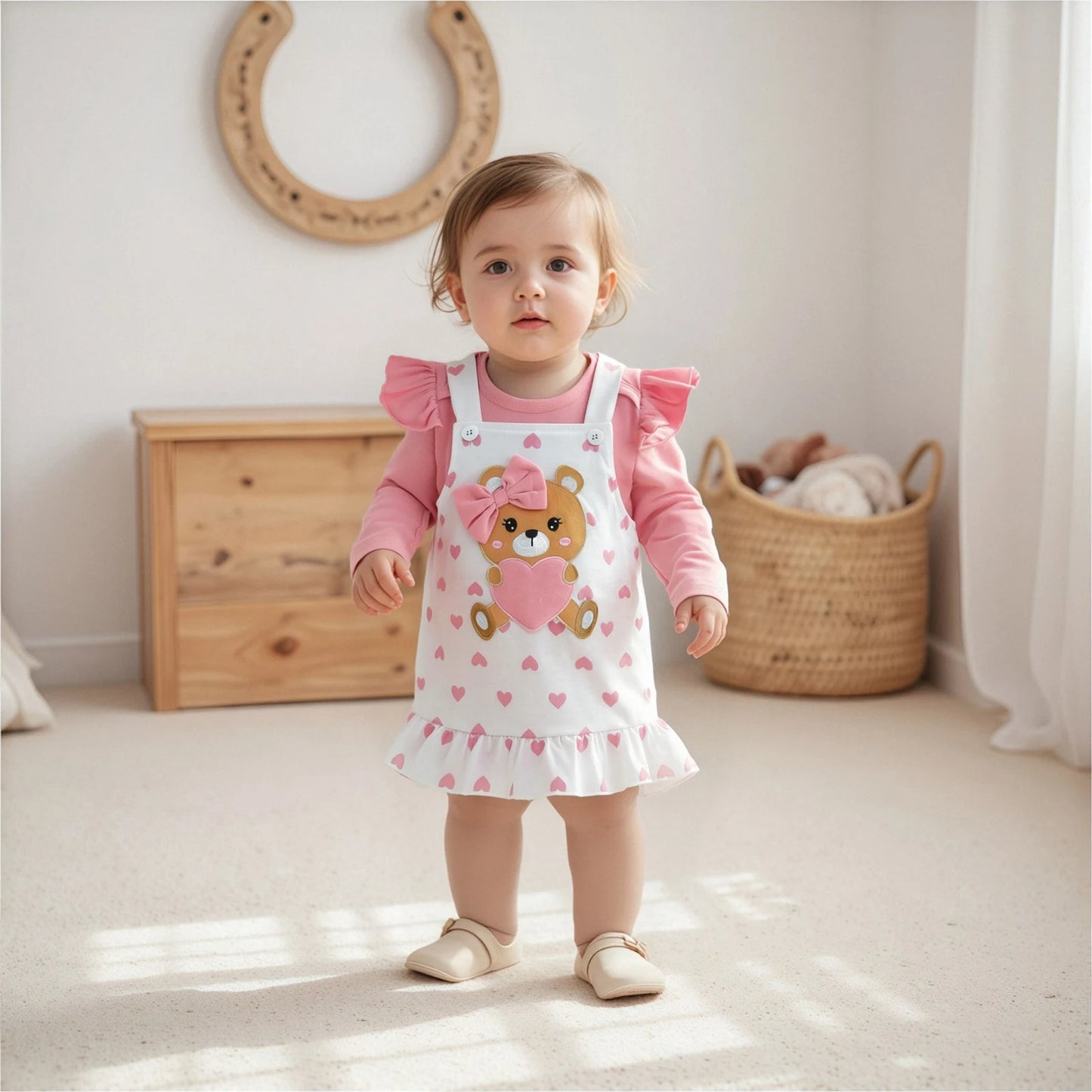 Baby Girls Bear Embroidered Dress Set with Bow Headband (0-18M)