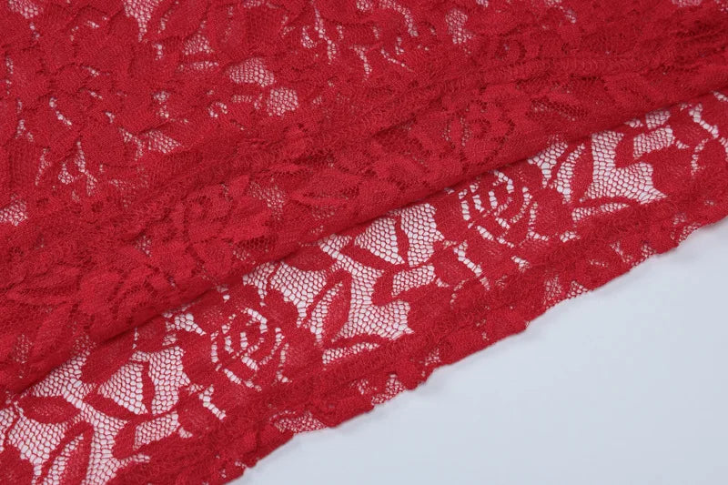 Women's Hollow Lace See Through Red Dress Set Square Neck Top and Skirt 2 Piece Set