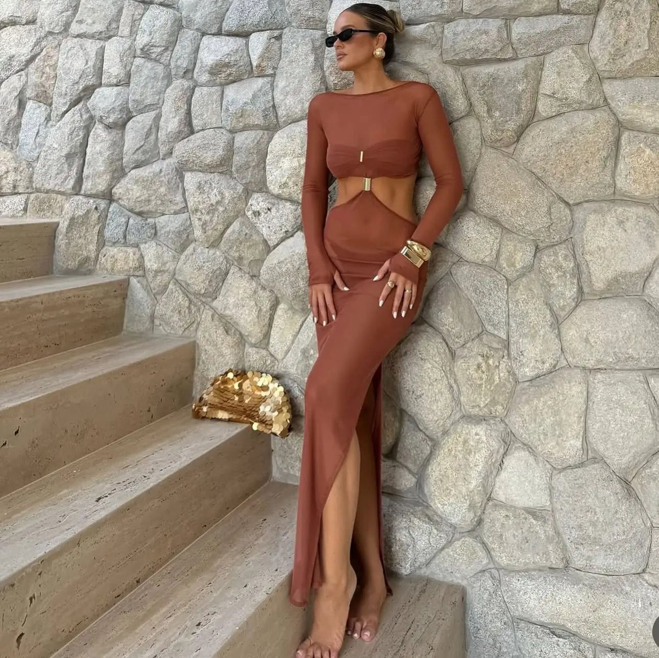 Women's Cut out Dress with Bikini 3 Pcs Long Sleeve Cover Up Lace Up Slit Long Summer Beach Dress