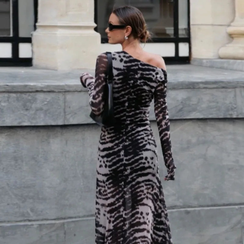 Women's Asymmetrical Ruched Zebra Stripe Maxi Dress - Long Sleeve Vintage Style