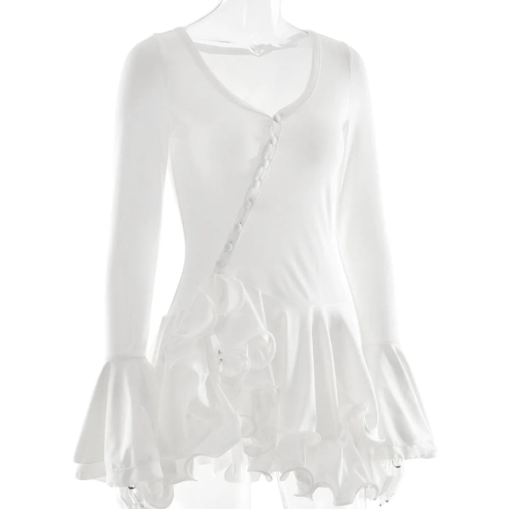 Women's Ruffled Mini Dress - Single-Breasted V-Neck with Flare Sleeves