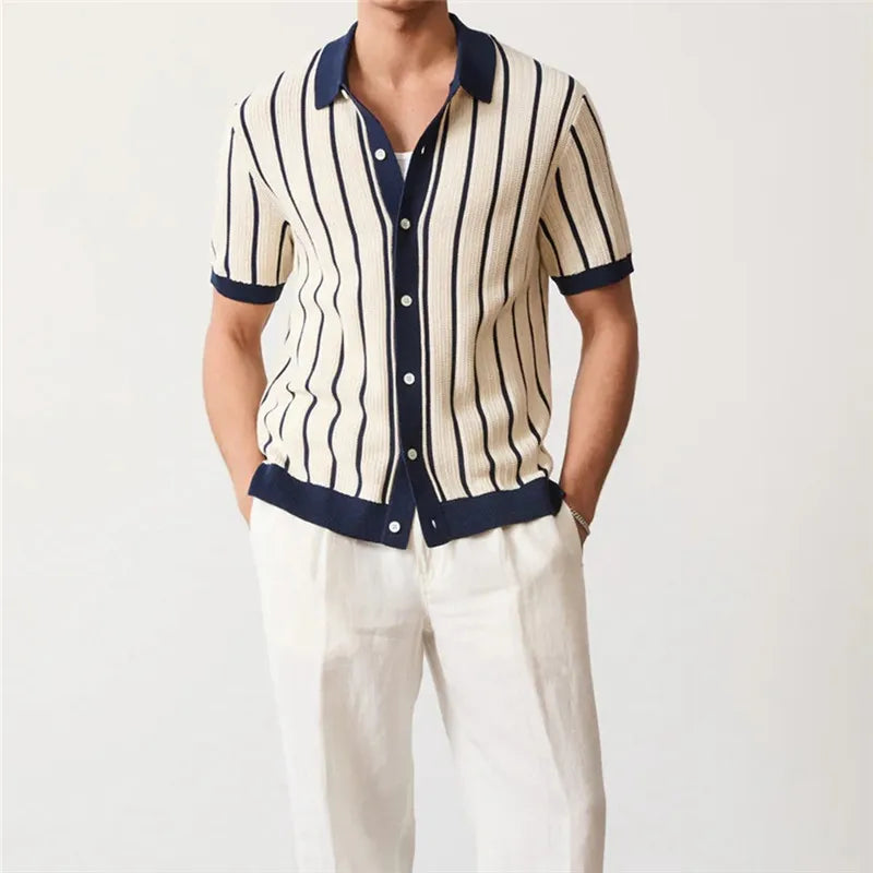 Men's Summer Striped Knit Polo Patchwork Short Sleeve Turn Down Collar Smart Casual Shirt