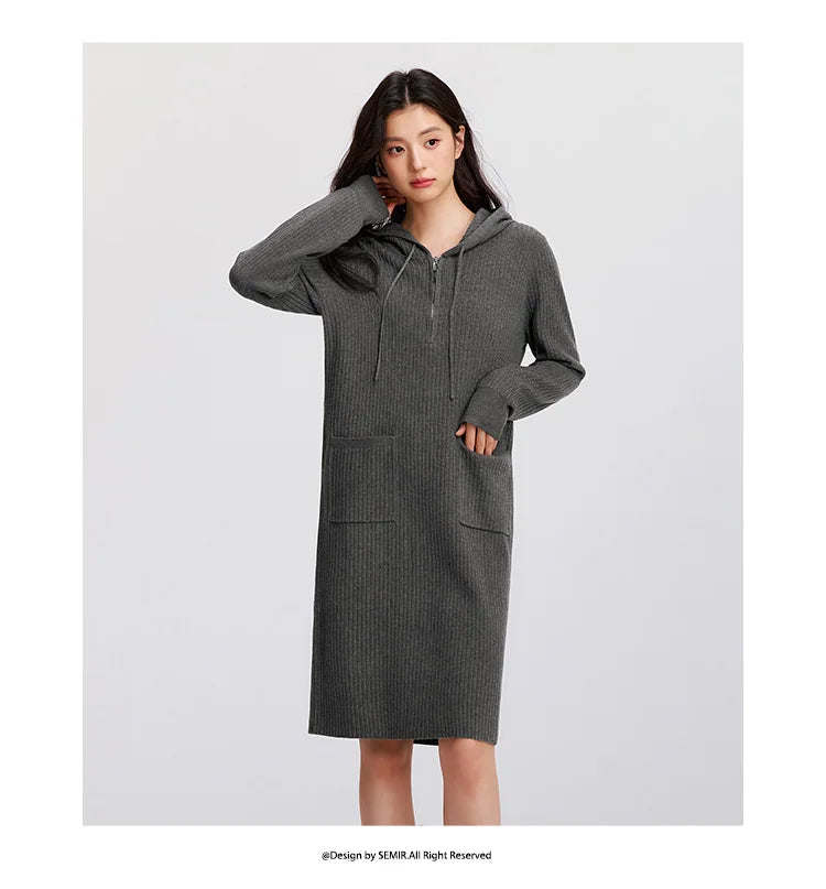 Women's Knit Hoodie Dress - Slim Fit Textured Mid-Length Winter Casual Style