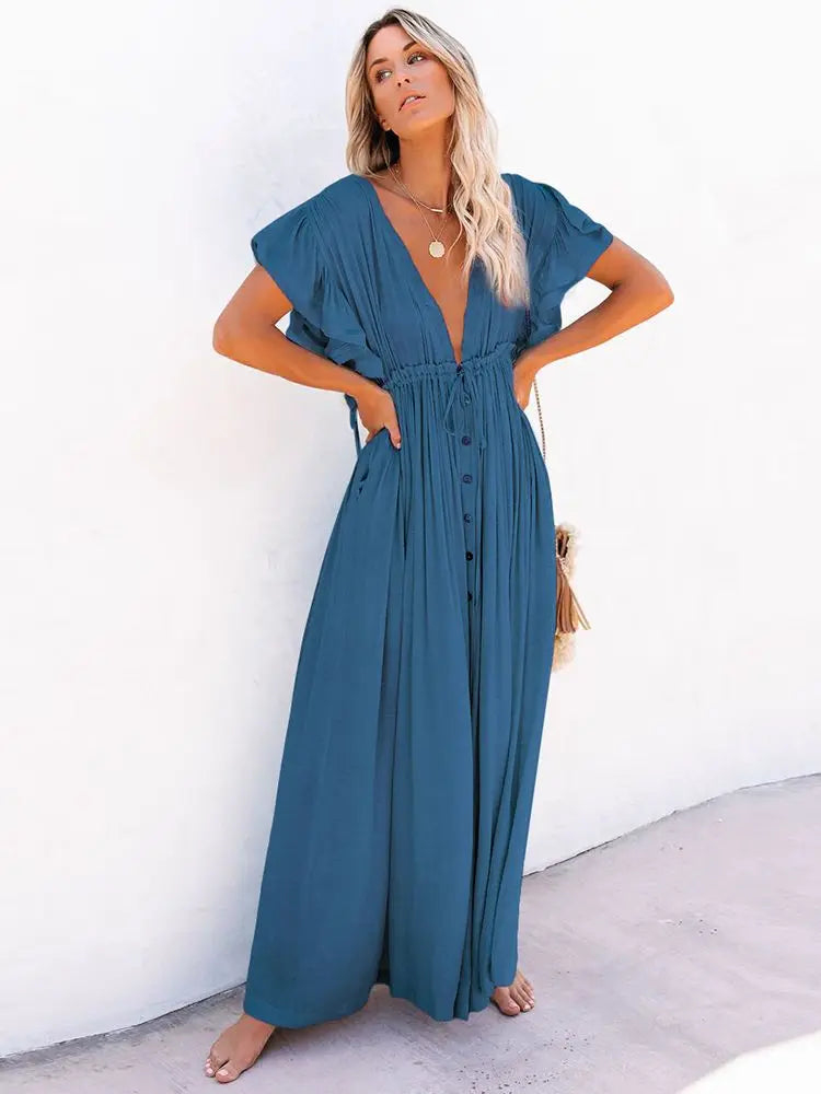 Women's Swimsuit Cover Ups Mandarin Sleeve Kaftan Beach Tunic Beach Dress