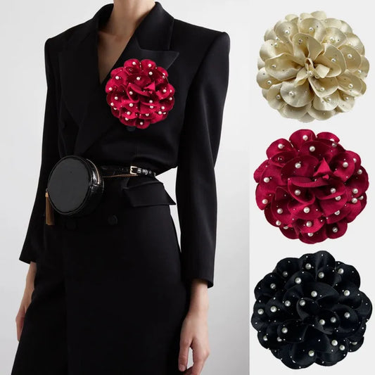 Handmade Fabric Flower Brooch - 13cm Pearl Wedding Corsage Pin