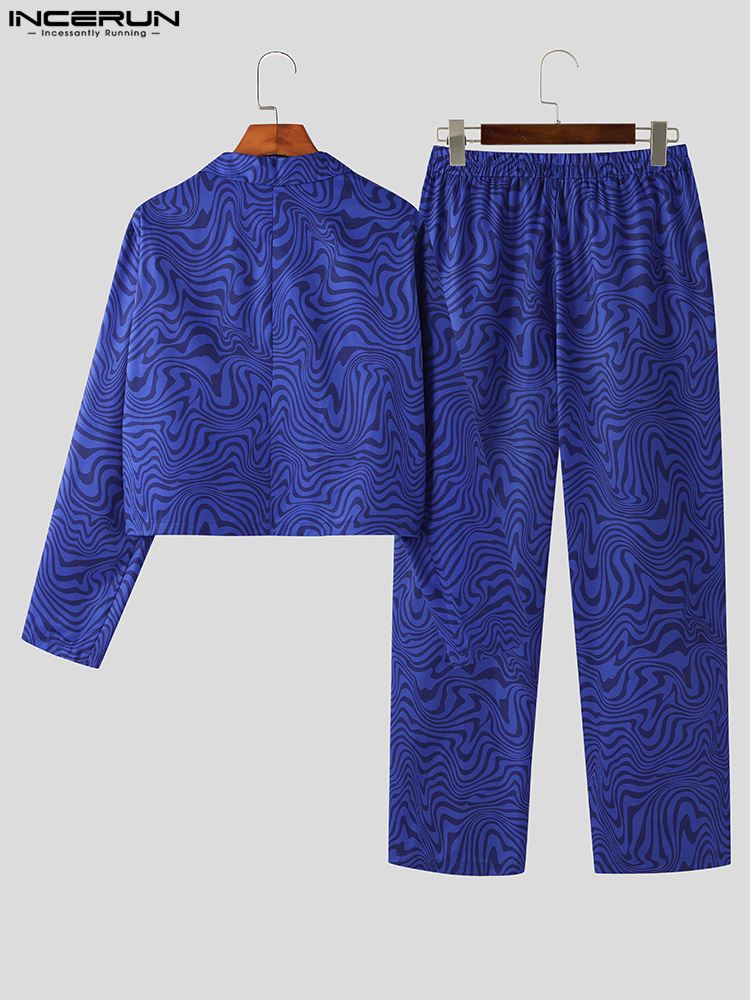 Men's Loose Lapel Long Sleeve Crop Blazer & Pants 2PCS Suits S-5XL