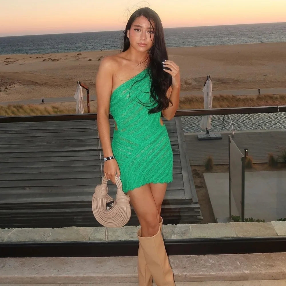 Women's Irregular Cut Out Knitted Mini One Shoulder Summer Sleeveless Bodycon Party Dress
