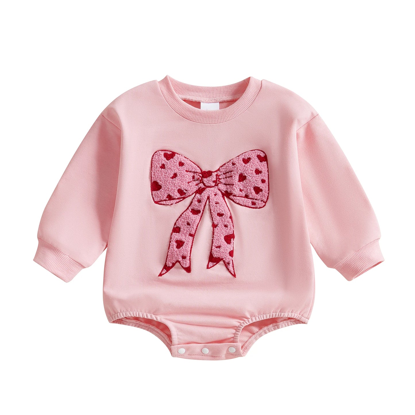 Children's 0-18M Baby Girls Bubble Romper Heart Bow Embroidery Long Sleeve Sweatshirt Jumpsuit
