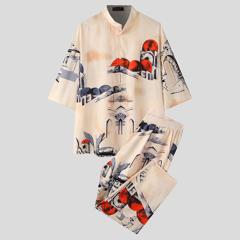 Men's Loose Stand Collar Half Sleeve Shirt and Elastic Waist Pants 2Pcs Causal Suit S-5XL