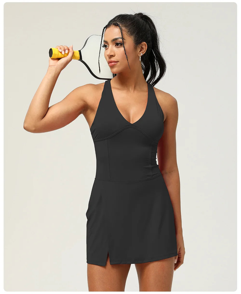 Women's 2-in-1 Tennis Dress with Built-in Shorts - Quick Dry Athletic Skort