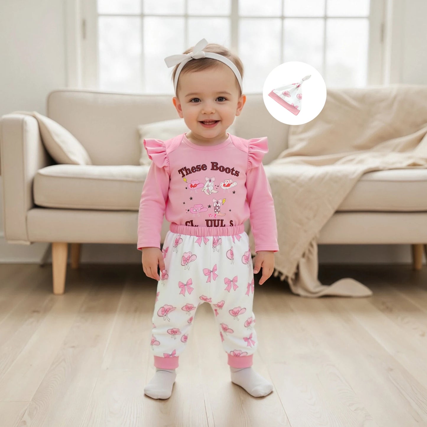 Baby Girls Western Fall Winter Clothes Set - Long Sleeve Boots Letters Print Romper with Bow Pants & Hat