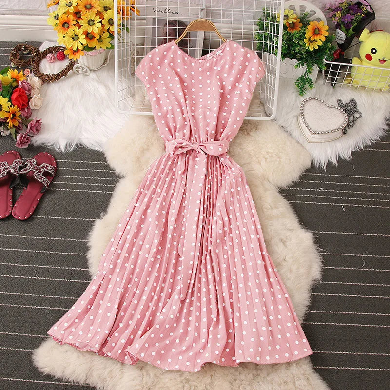 Women's Dot Print Chic Summer High Waist Knee Length Bandage Medium Long Dress