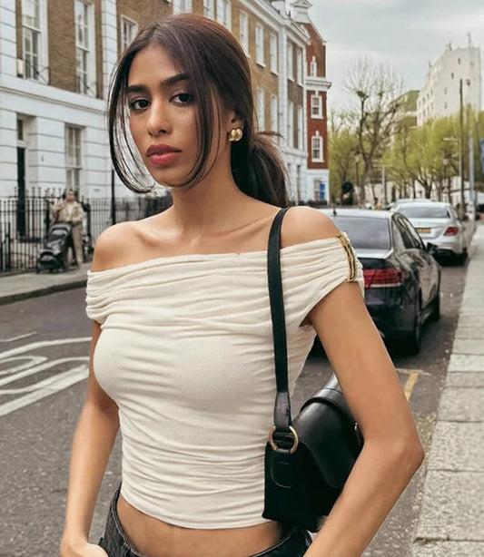 Women's Off Shoulder Ruched Cropped Top - Summer Sleeveless Backless Tee