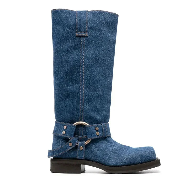 Women's Blue Cowboy Metal Ring Motorcycle Boots Belt Buckle Design 3.5cm Thick Heel Knight Boots Women's Square Head Fashion Boots 34-44