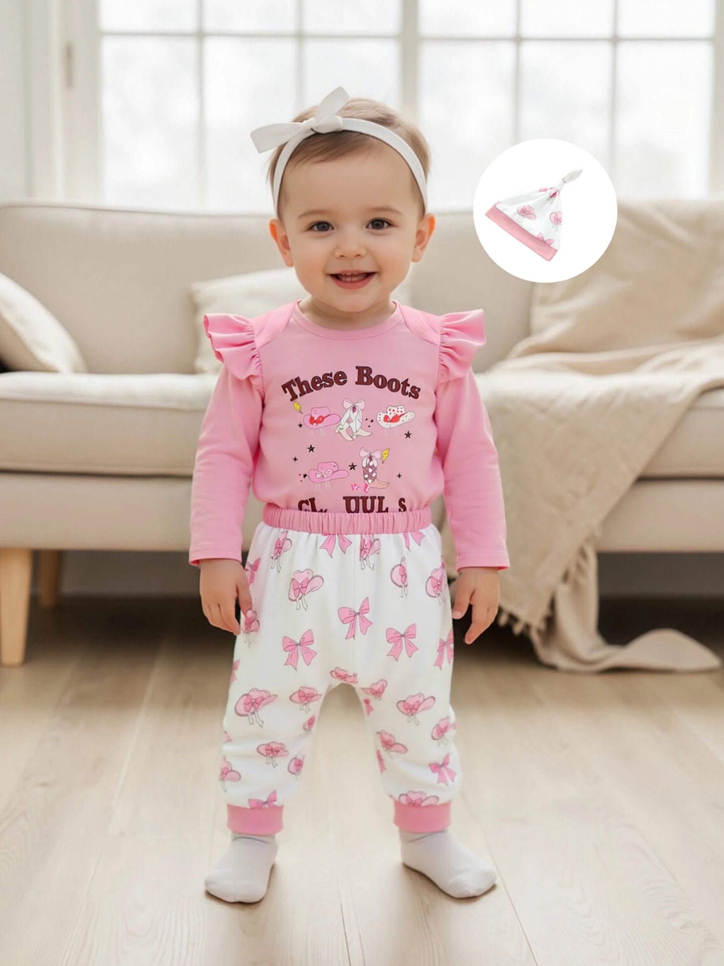 Baby Girls Western Fall Winter Clothes Set - Long Sleeve Boots Letters Print Romper with Bow Pants & Hat