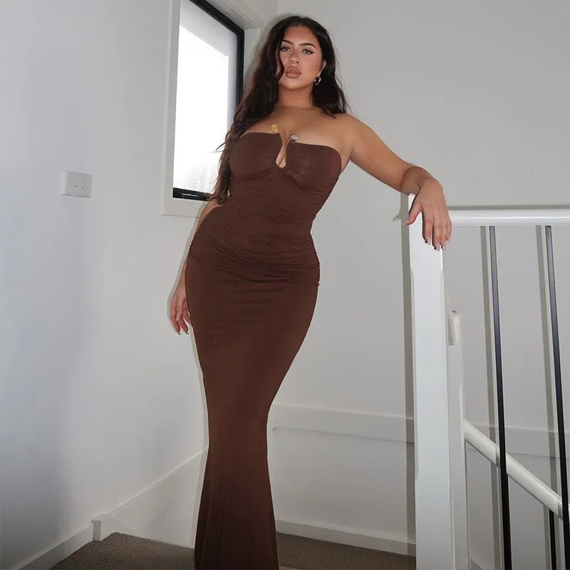 Women's U-neck Tube Top Pleated Bodycon Party Long Sleeveless Dress