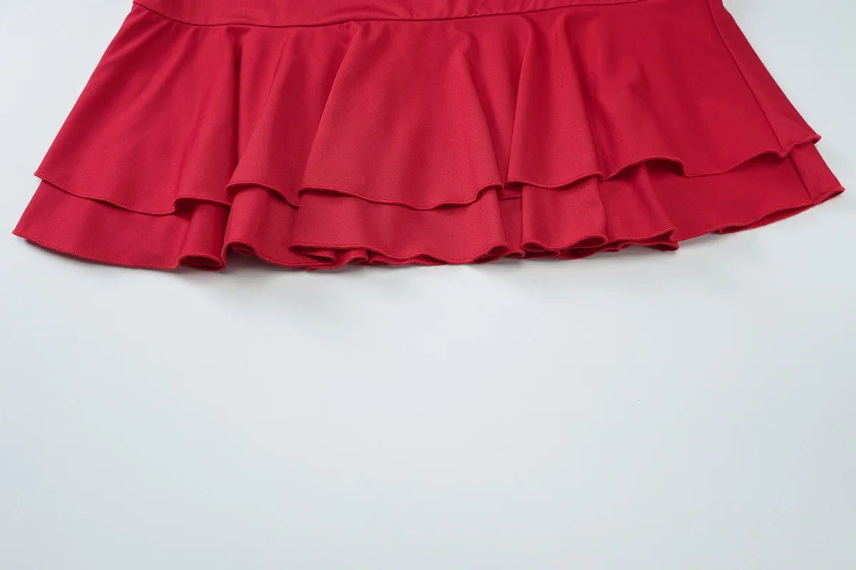 Women's Ruffled Detail Ruched 2 Piece Set Backless Summer Floral Applique Crop Top and Skirt Co-ord Set