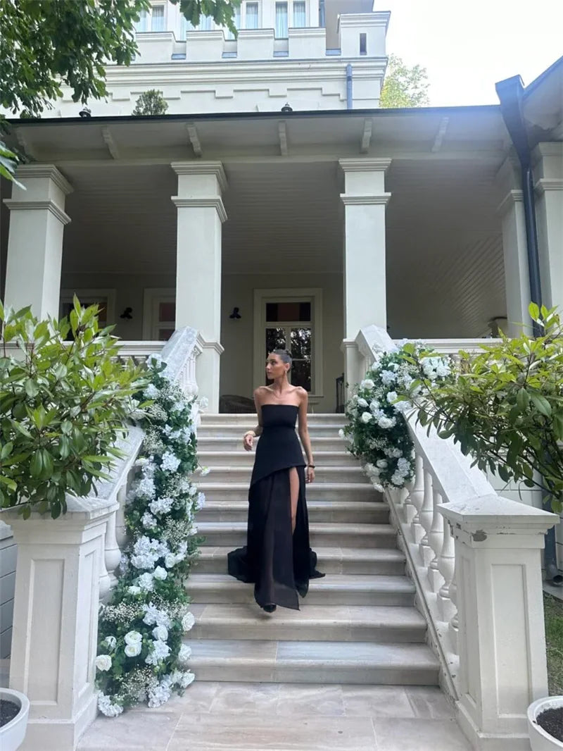 Women's Elegant Strapless Maxi Gown With Scarf Off-shoulder Sleeveless Backless Split Beach Long Dress