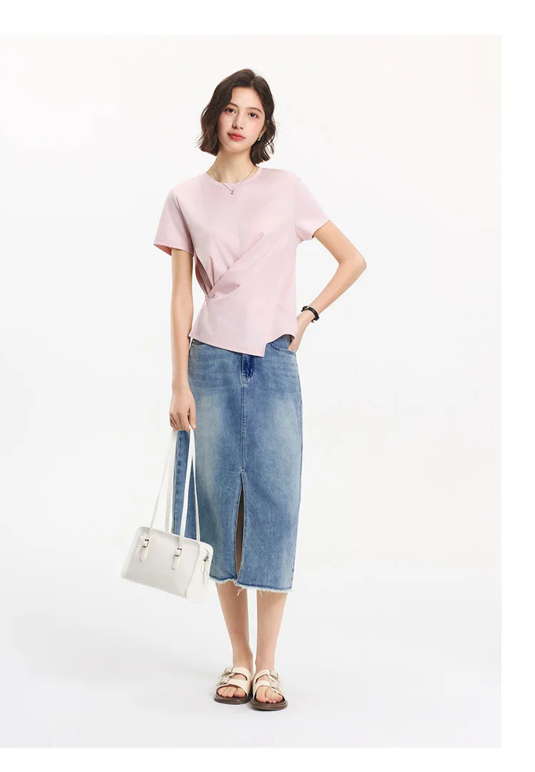 Women's Cropped Cotton T-Shirt - Split Hem Relaxed Fit Summer Top