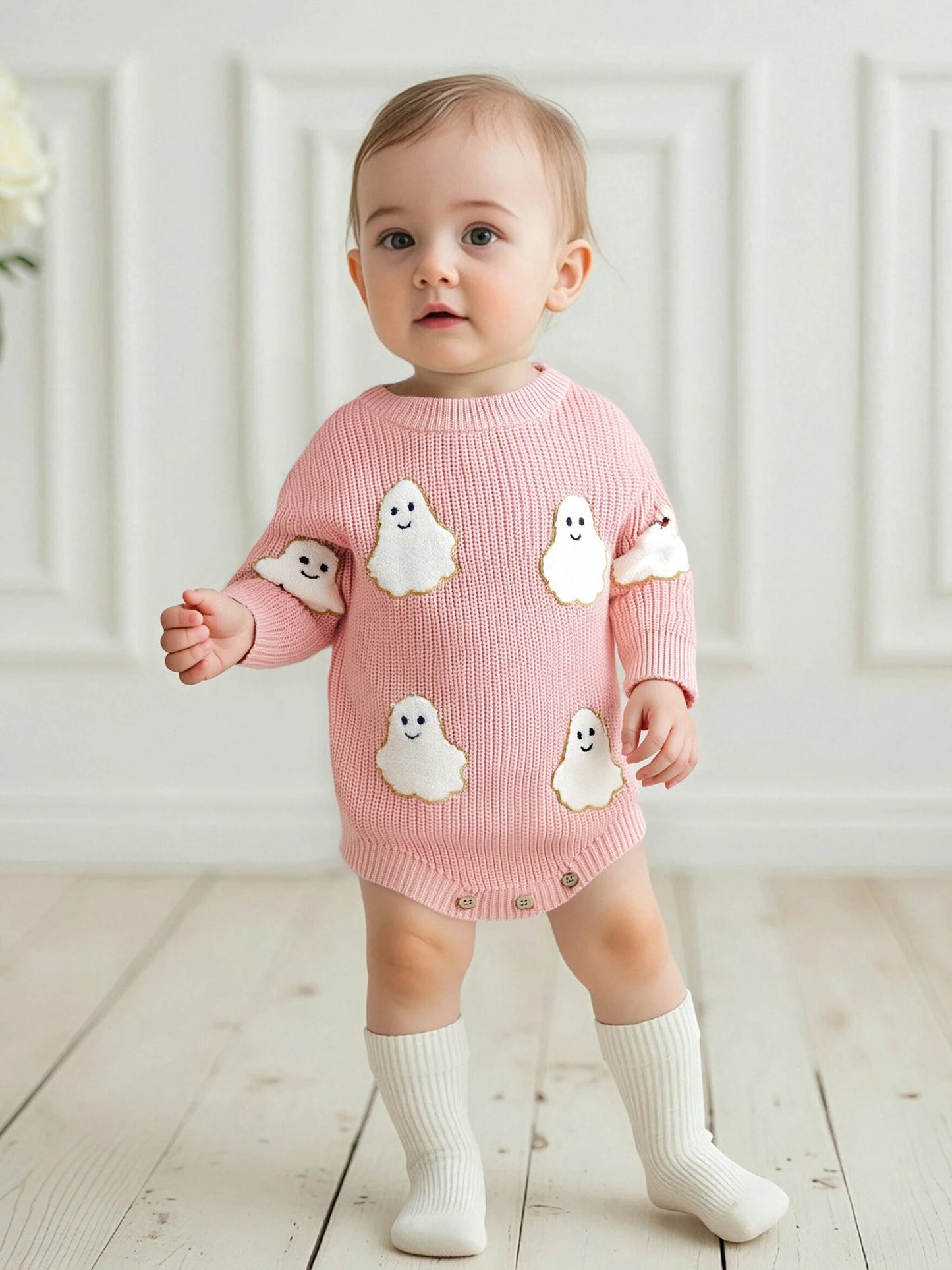 Baby Halloween Sweater Romper - Ghost Embroidery Crewneck Long Sleeve