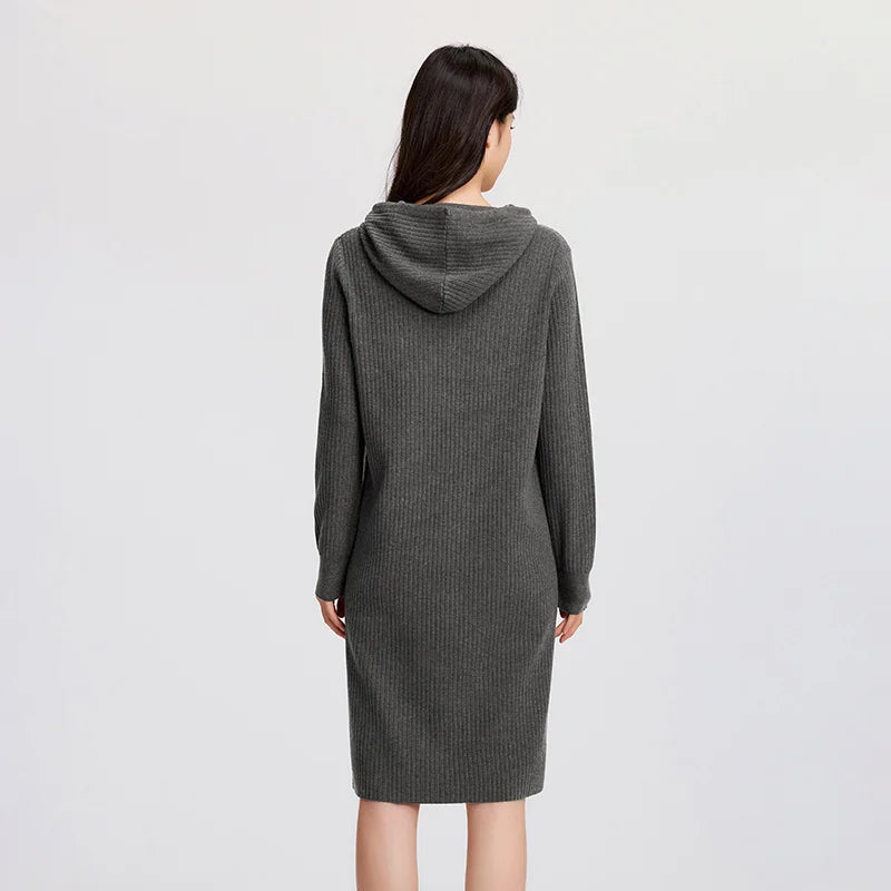 Women's Knit Hoodie Dress - Slim Fit Textured Mid-Length Winter Casual Style