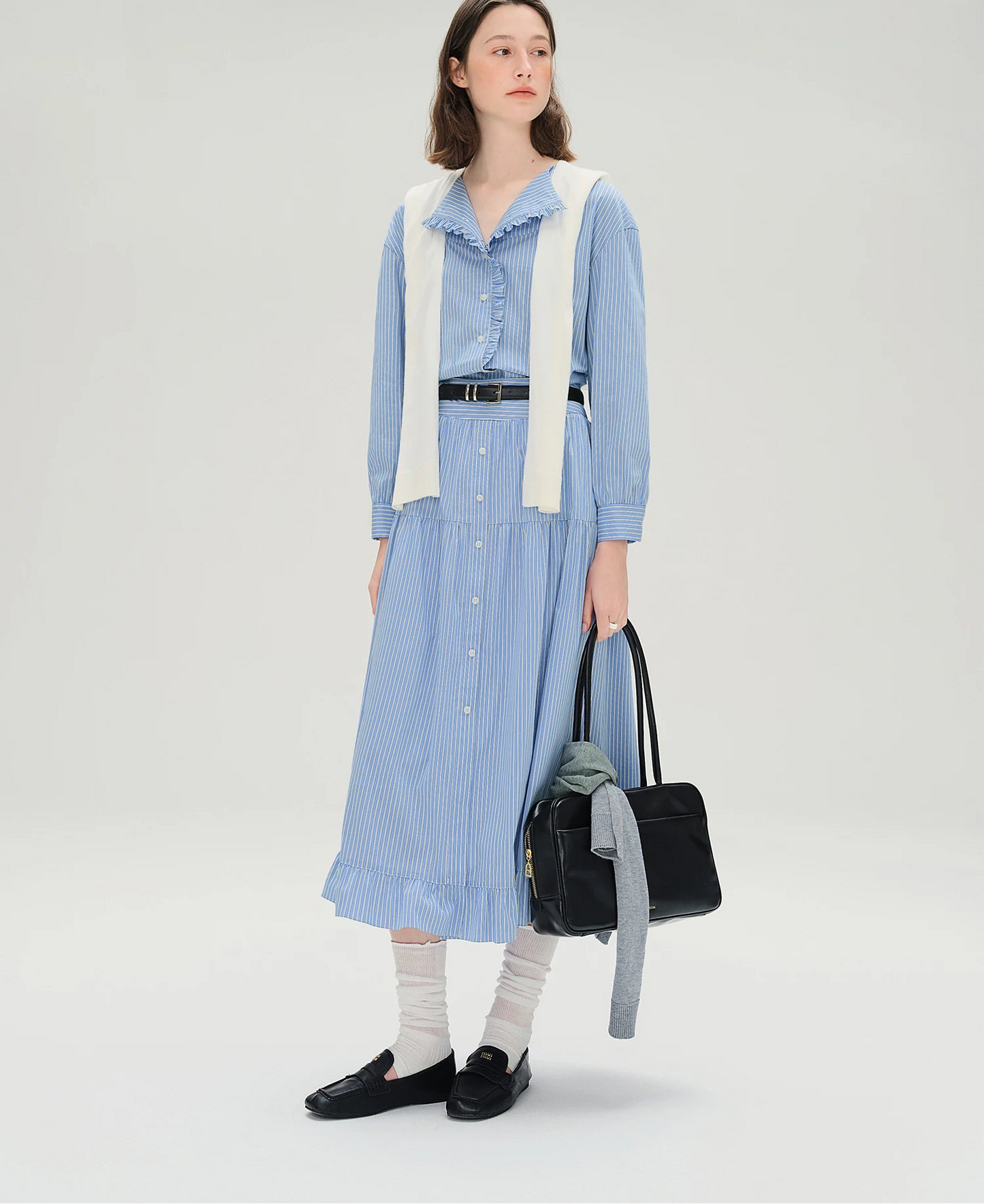 Plus Size Striped Shirt & Skirt Set with Wooden Collar Detail