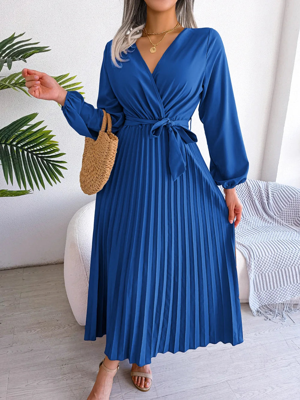 Women's Spring Summer Cross V Neck Large Hem Pleated Long Dress