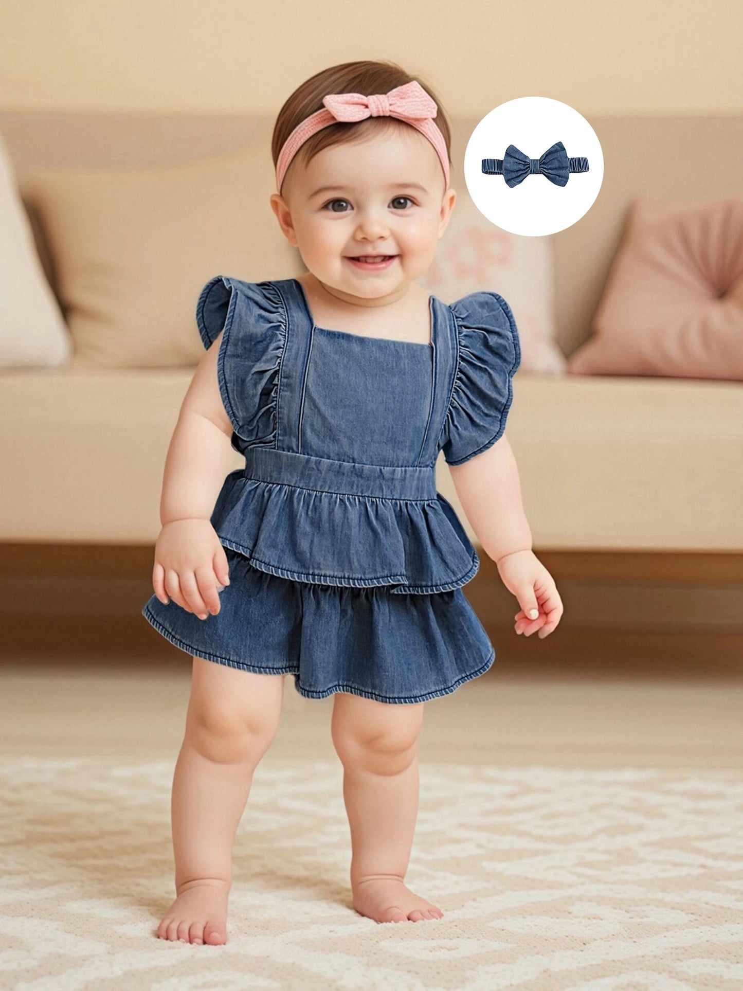 Baby Girls Denim Romper Dress Set - Ruffles Fly Sleeve Layered Jumpsuit with Bowknot Hairband