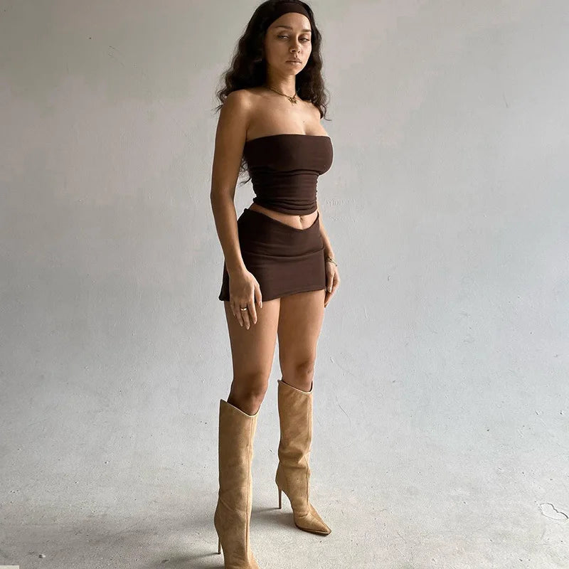 Women's Strapless Solid Crop Top and Skirt 2 Piece Set Outfit Co-Ord Sets Matching Set