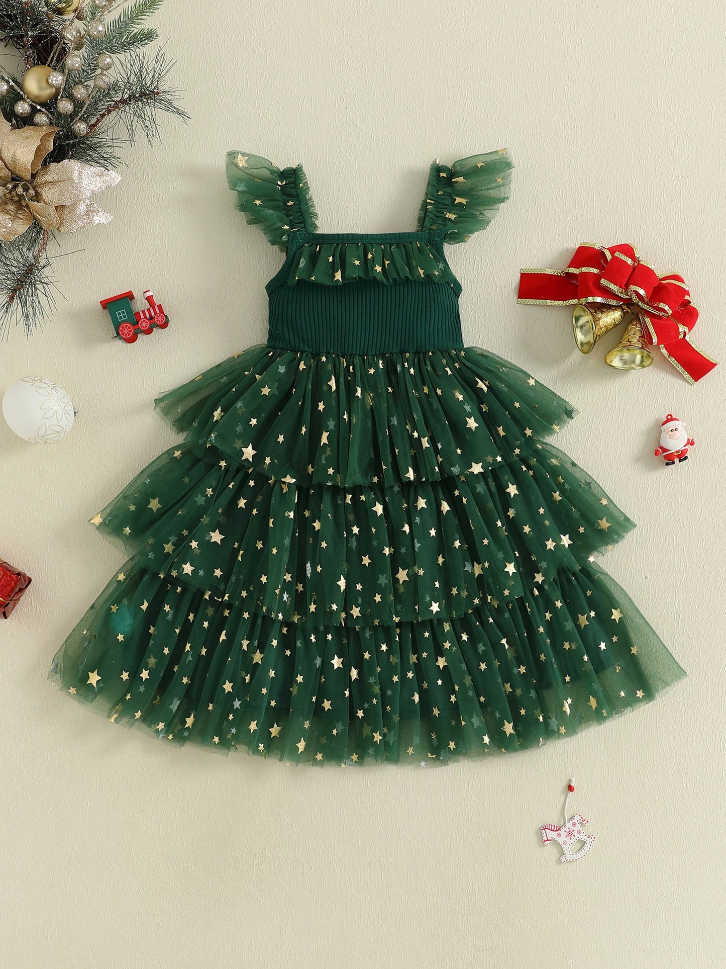 Girl's Christmas Princess Dress - Star Ball Square Neck Layered Tulle A-Line