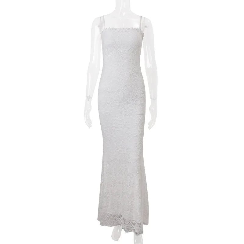 Women's Elegant White Lace Slip Maxi Dress - Sleeveless Backless Bodycon Dress