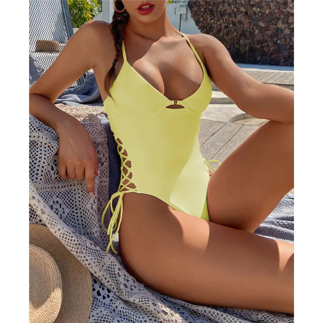 Women's Lace Up Underwired One Piece Swimwear Backless Swimsuit