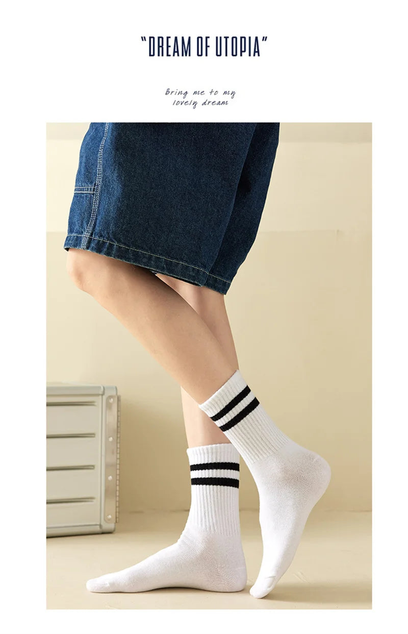 3 Striped Cotton Socks - Unisex Streetwear Casual Knitted Socks