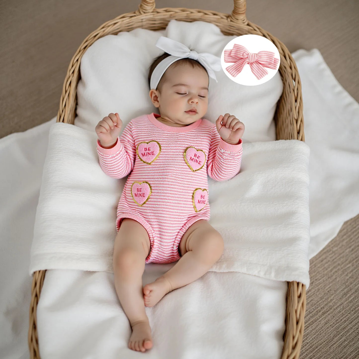 Baby Valentine's Day Romper Set - Striped Heart Embroidery with Headband