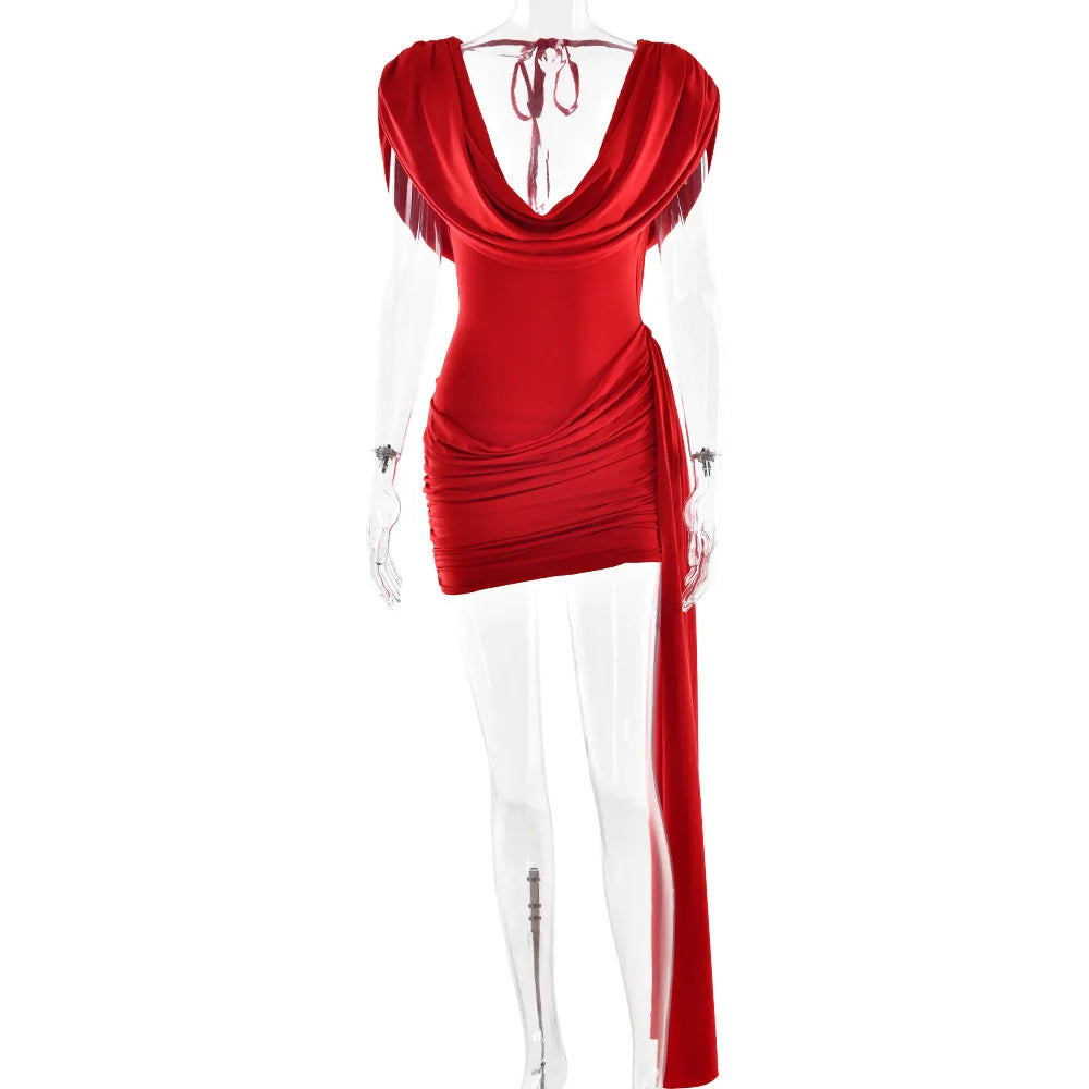 Women's Elegant Ruched Draped V Neck Mini Dress - Sleeveless Bodycon