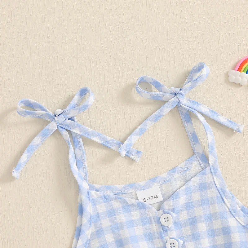 1-5Y Kids Girls Summer Jumpsuit Plaid Print Sleeveless Button Up Ruffle Trim Overalls with Belt